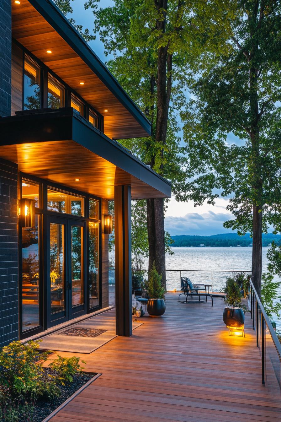 modern 90s style house front porch with retro lighting fixtures lakeside forest landscape