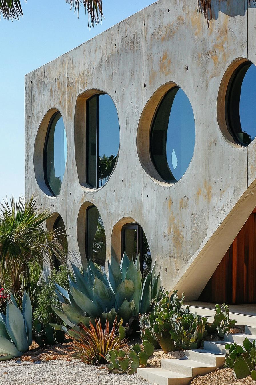 modern California house earth tone concrete facade with geometric windows Malibu beachfront 1