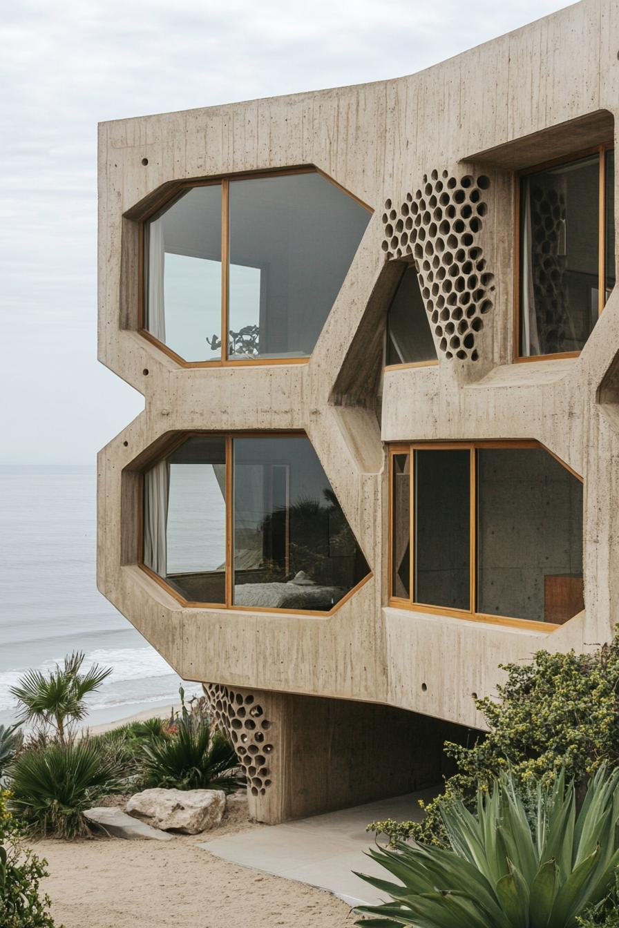 modern California house earth tone concrete facade with geometric windows Malibu beachfront 2