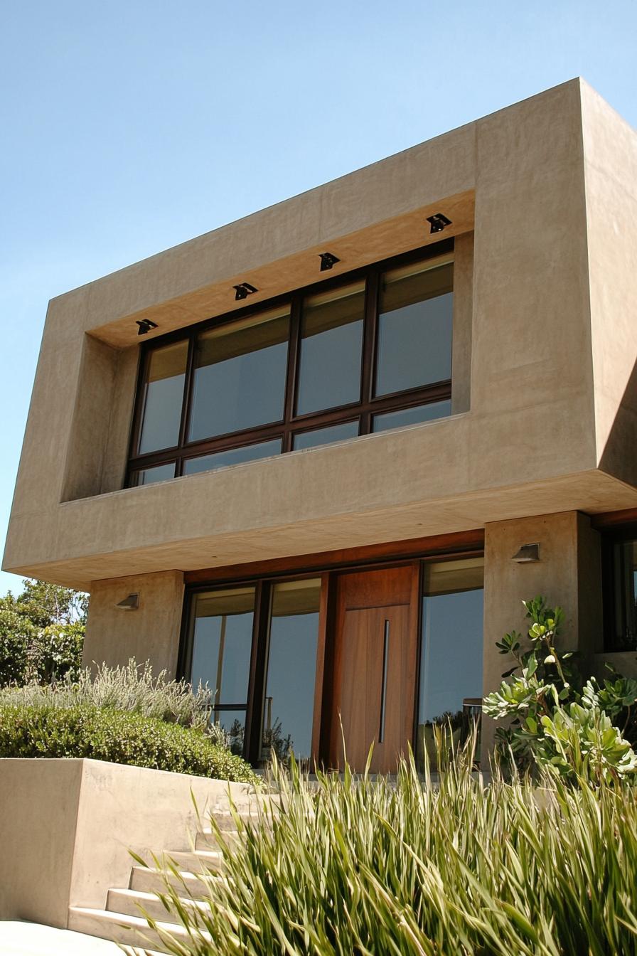 modern California house earth tone concrete facade with geometric windows Malibu beachfront 3