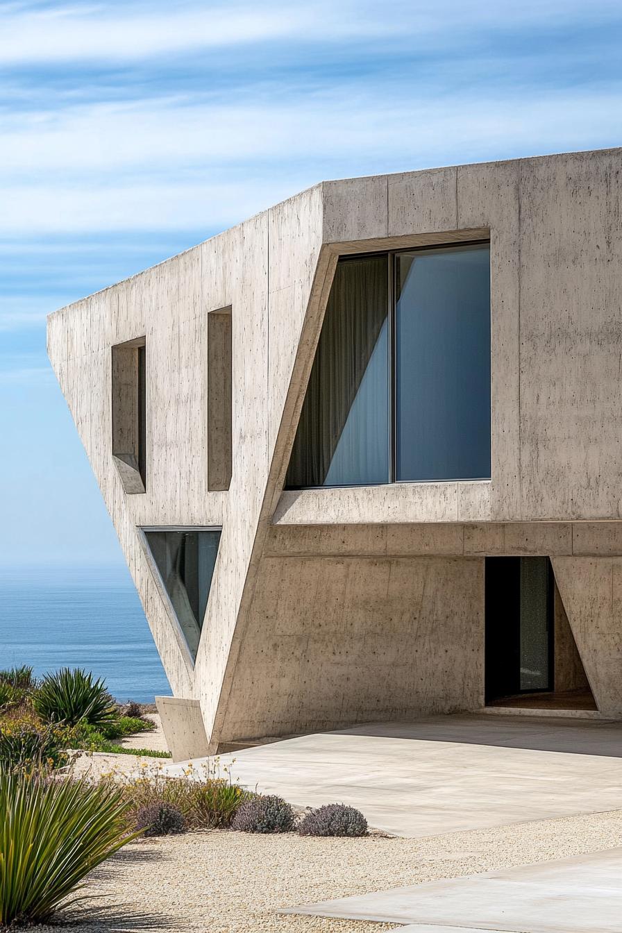 modern California house earth tone concrete facade with geometric windows Malibu beachfront