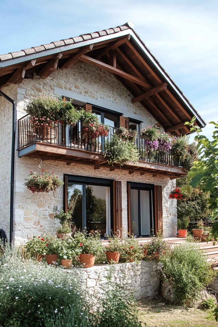 modern French chalet modern house facade with large balcony around the entire house with hanging flower pots beautiful provencal farm landscape 1