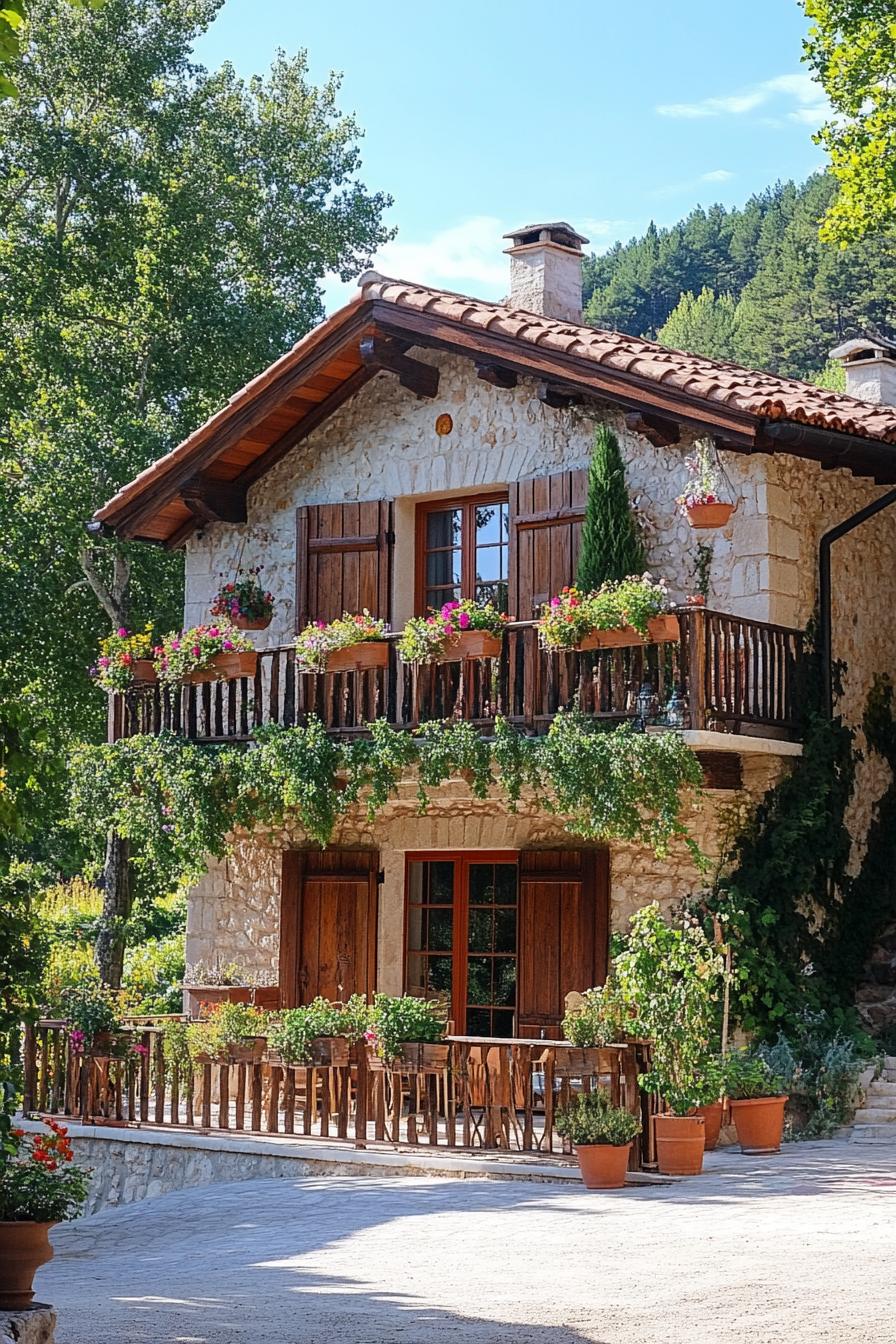 modern French chalet modern house facade with large balcony around the entire house with hanging flower pots beautiful provencal farm landscape 2