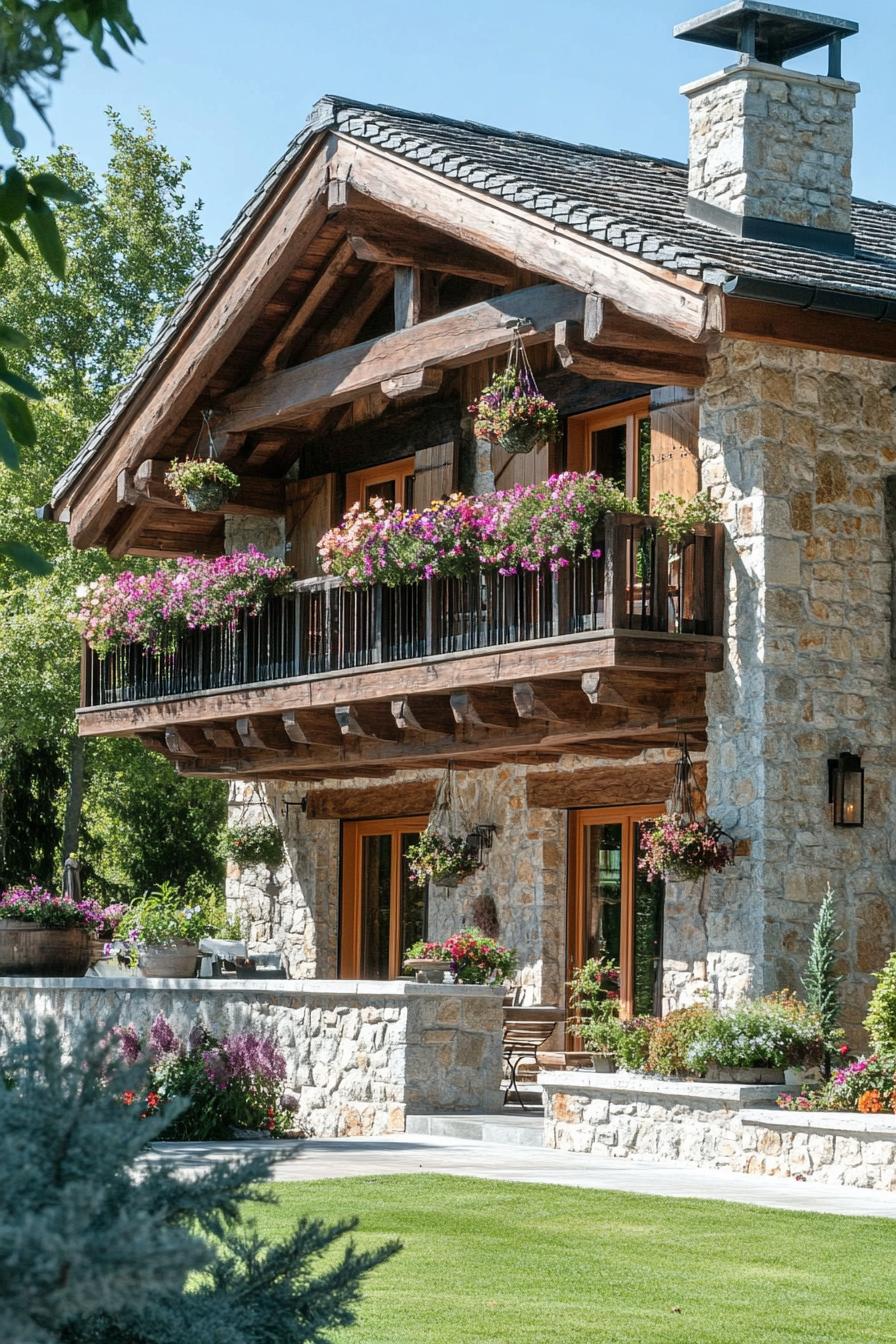 modern French chalet modern house facade with large balcony around the entire house with hanging flower pots beautiful provencal farm landscape 3