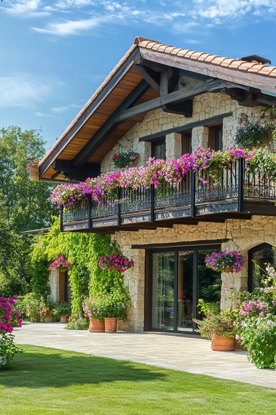 modern French chalet modern house facade with large balcony around the entire house with hanging flower pots beautiful provencal farm landscape