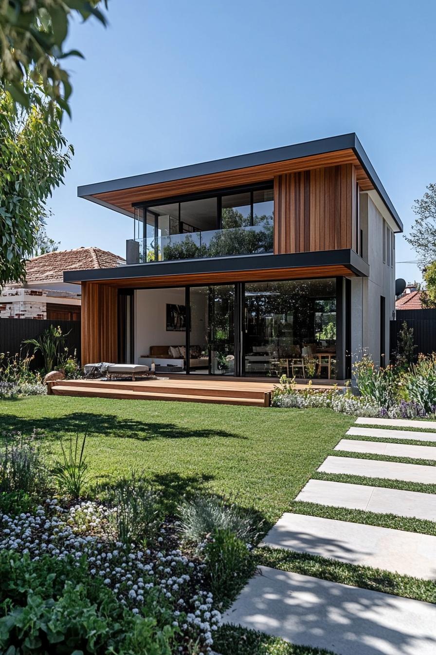 modern French country house facade with timber clads yard with minimalist landscaping 3