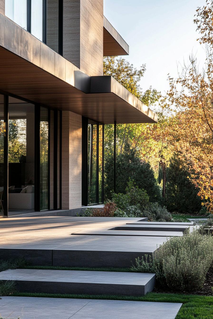 modern French country house facade with timber clads yard with minimalist landscaping