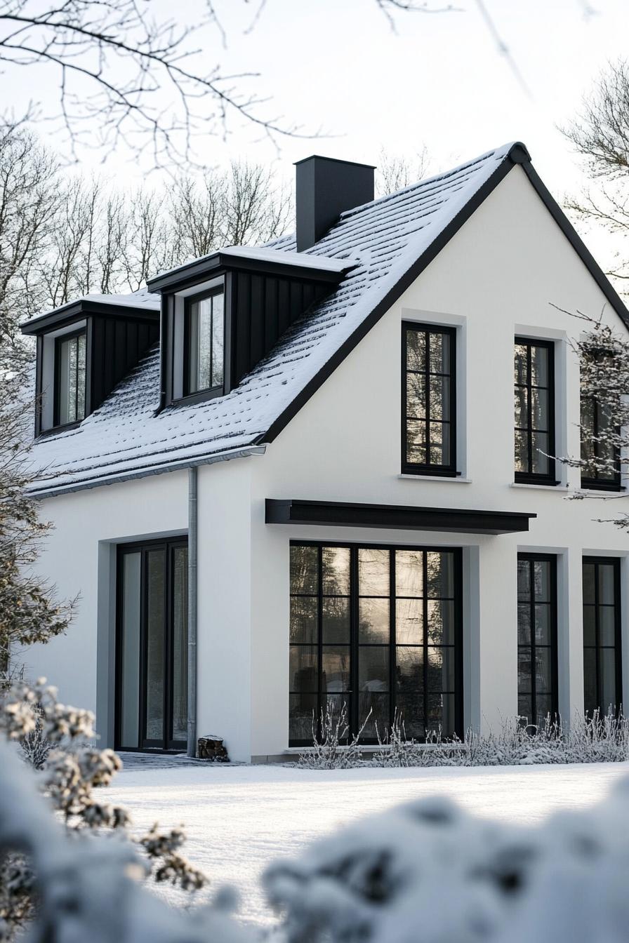 modern French house black steel frame with white plaster in French winter countryside 1