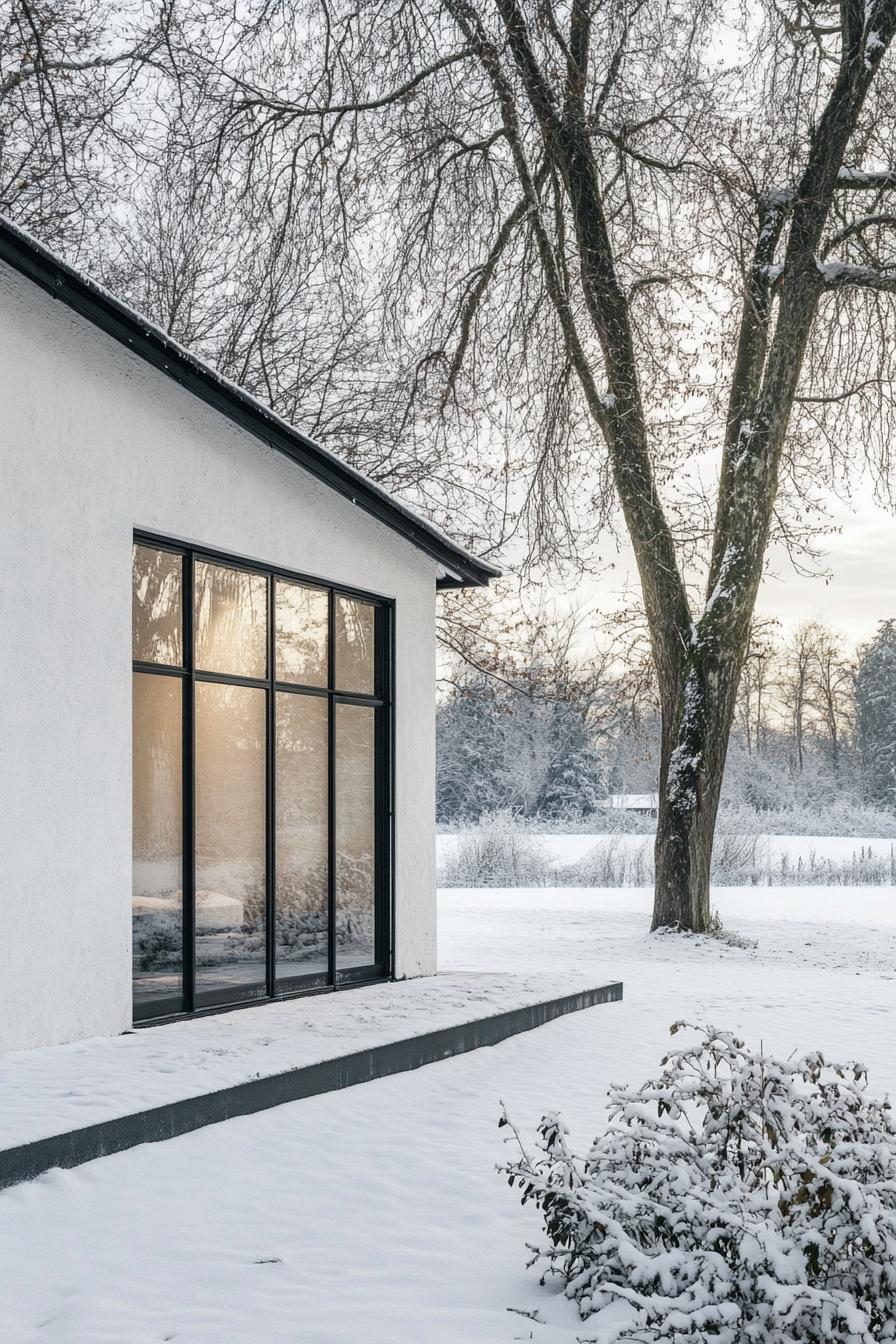 modern French house black steel frame with white plaster in French winter countryside 2