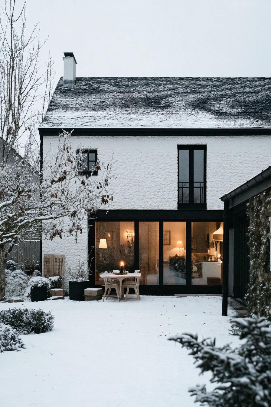 modern French house black steel frame with white plaster in French winter countryside 3