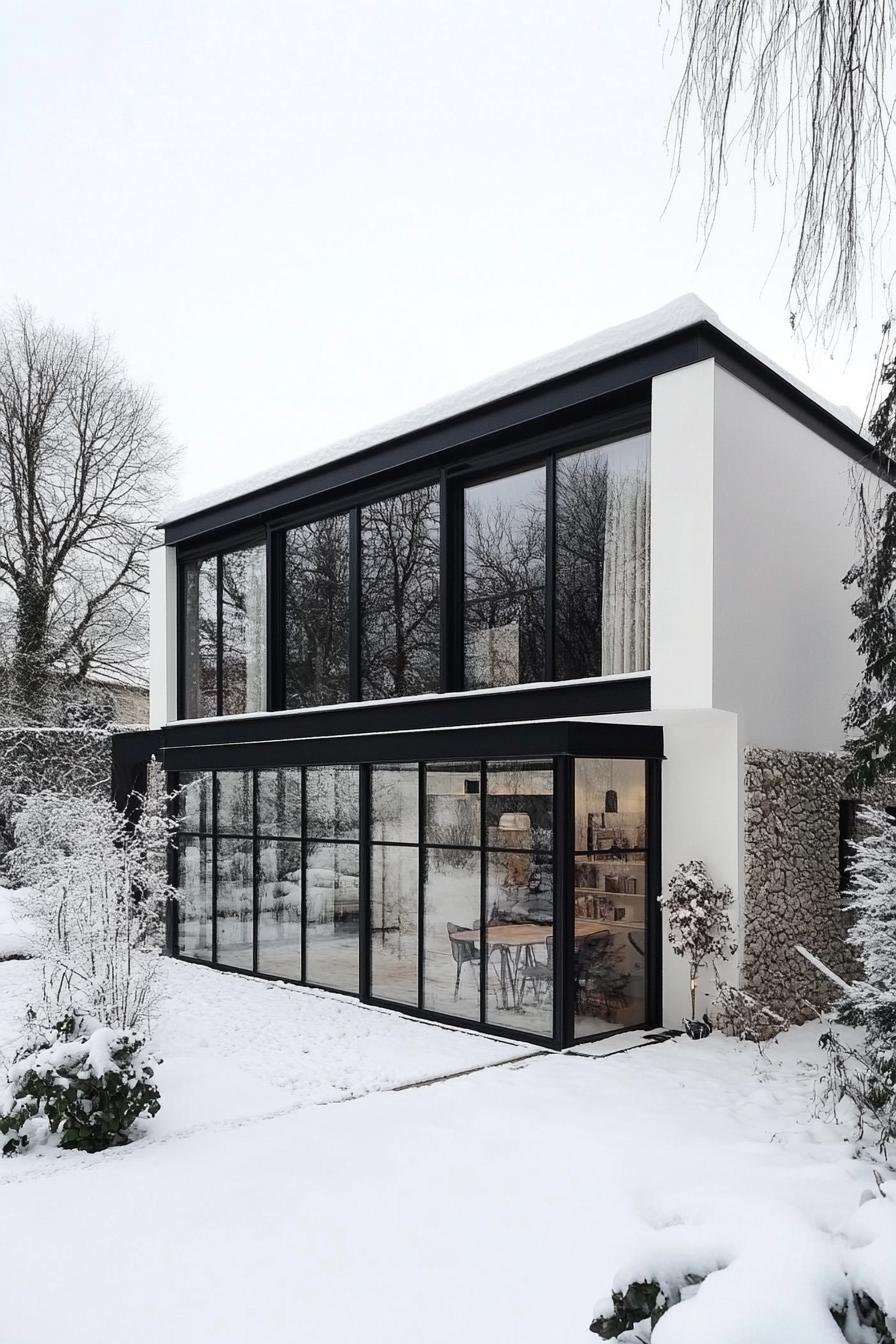 modern French house black steel frame with white plaster in French winter countryside