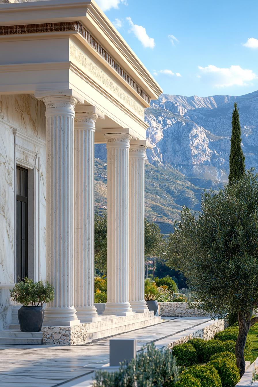 modern Greek mansion house facade with large marble columns mediterranean mountains in background olive tree in foreground 1