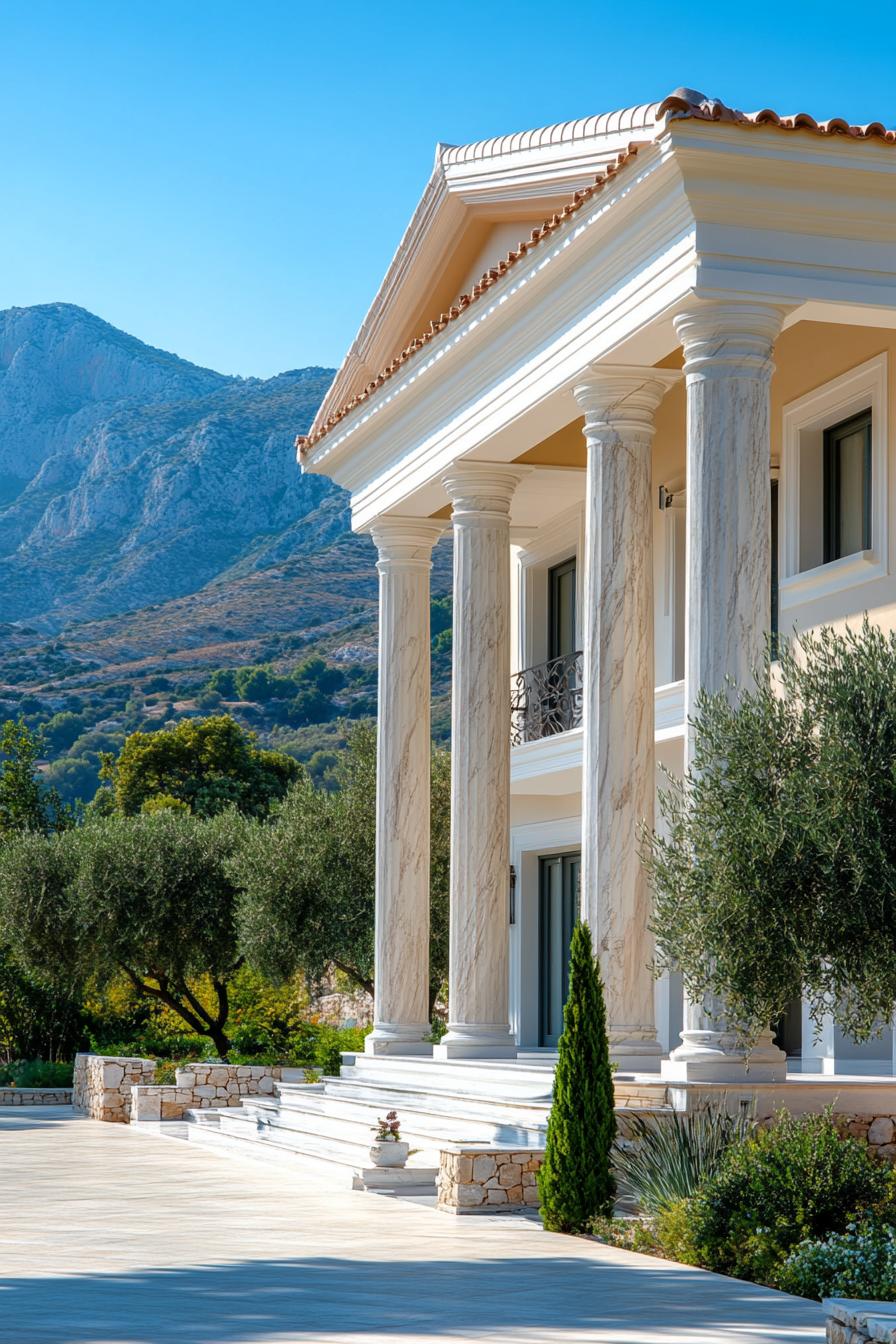 modern Greek mansion house facade with large marble columns mediterranean mountains in background olive tree in foreground 2