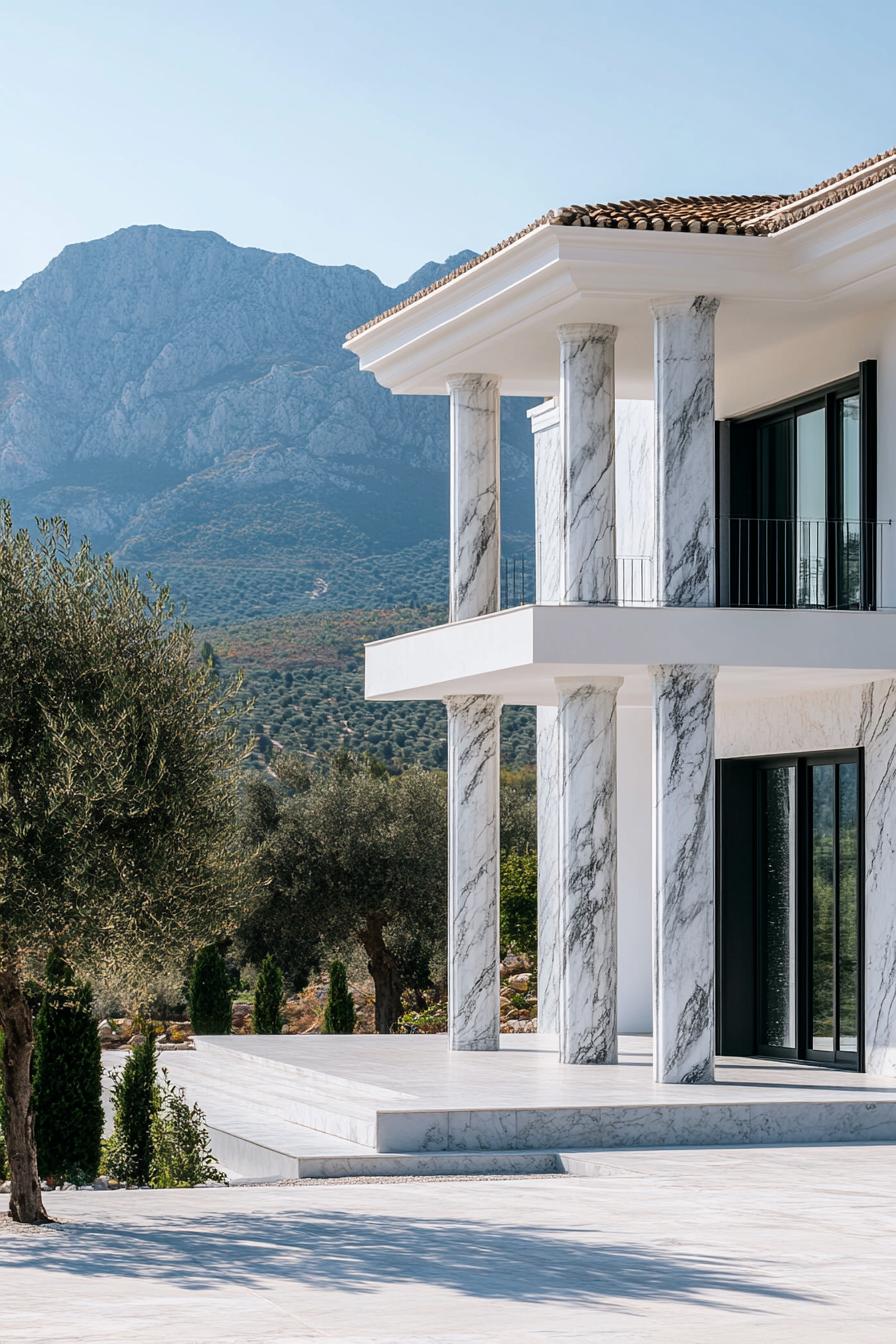 modern Greek mansion house facade with large marble columns mediterranean mountains in background olive tree in foreground 3