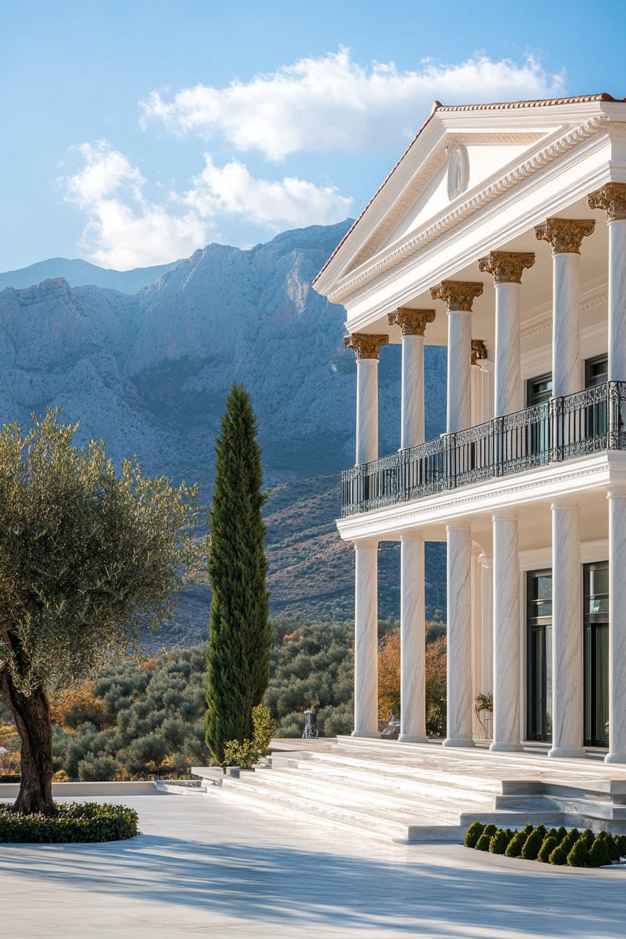 modern Greek mansion house facade with large marble columns mediterranean mountains in background olive tree in foreground