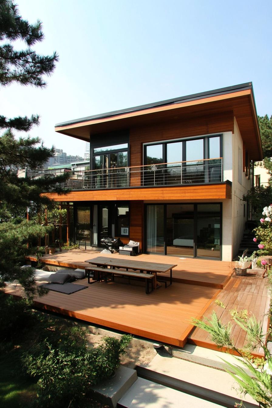 modern Korean home with elevated wooden deck