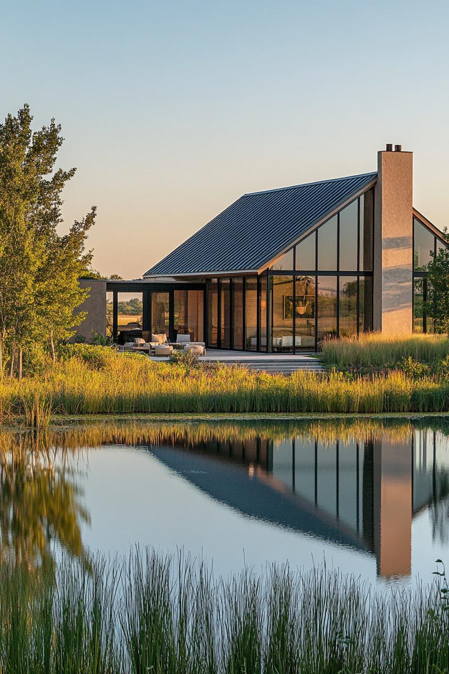 modern L shaped farmhouse with glass walls facing a beautiful large pond in lush fields 1