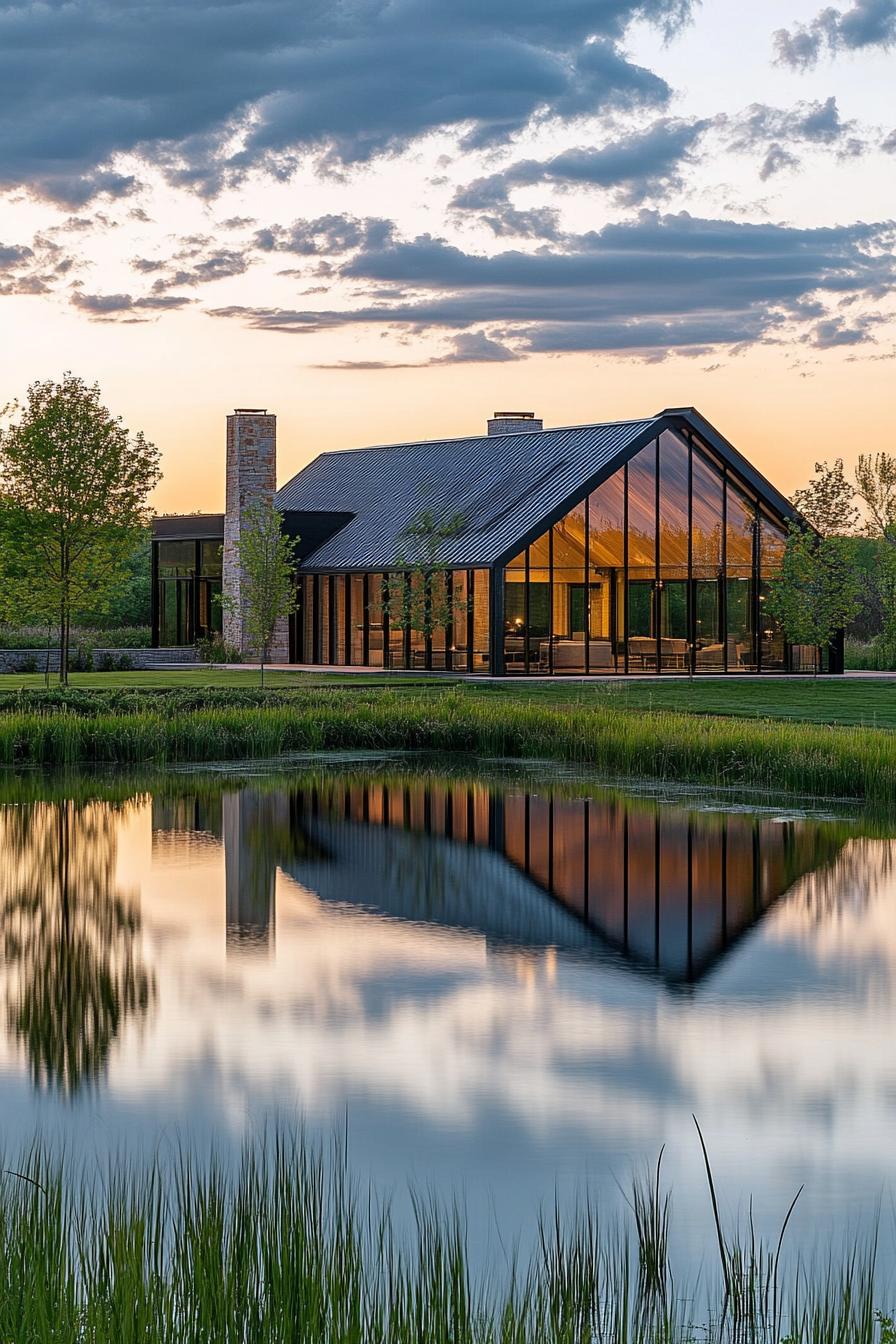 modern L shaped farmhouse with glass walls facing a beautiful large pond in lush fields 2