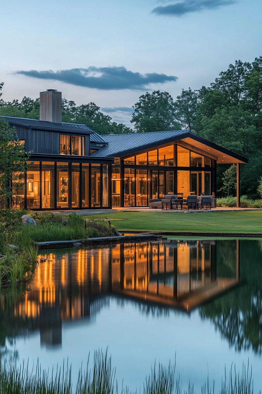 modern L shaped farmhouse with glass walls facing a beautiful large pond in lush fields