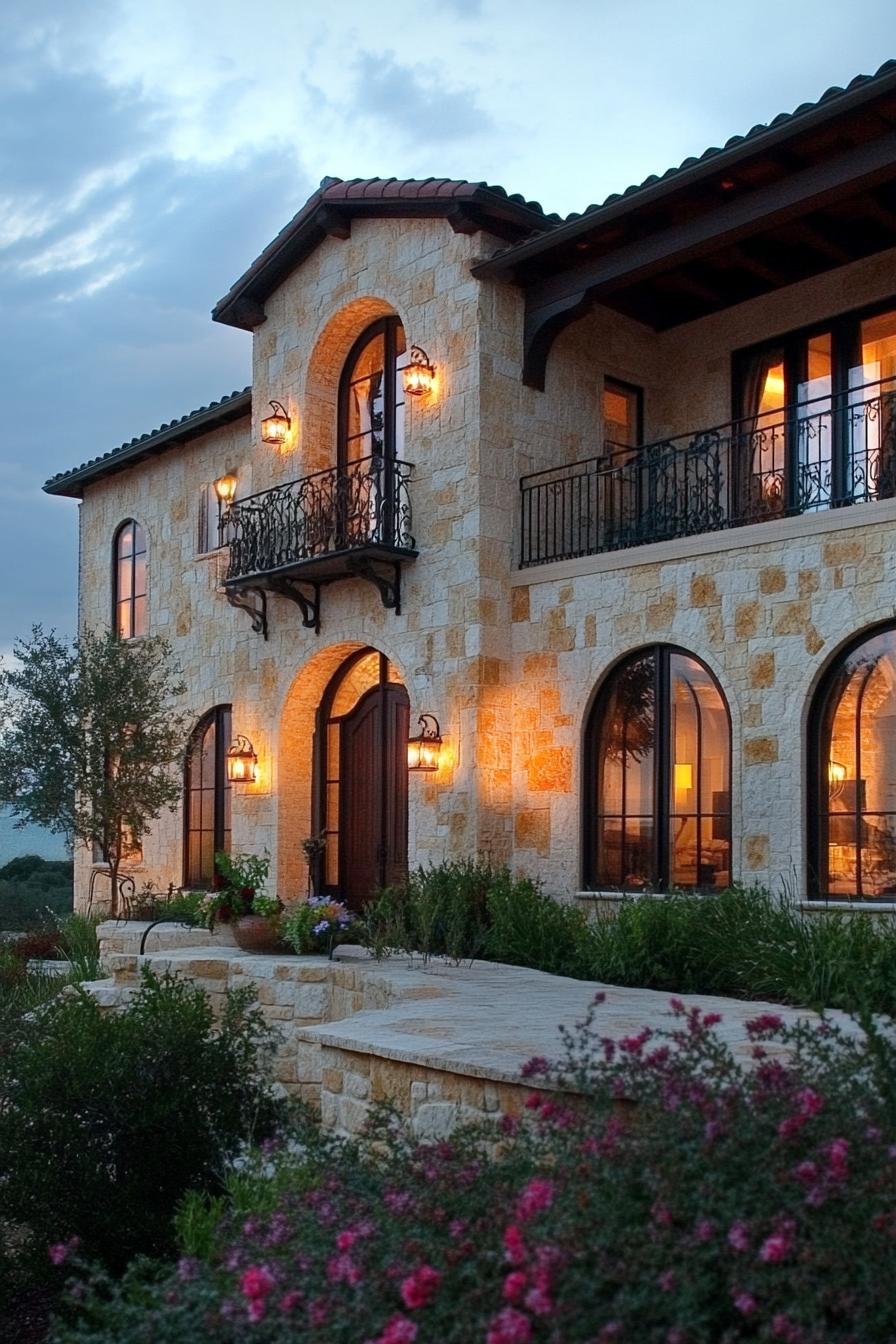 modern Tuscan house with arched windows and wrought iron balconies 1