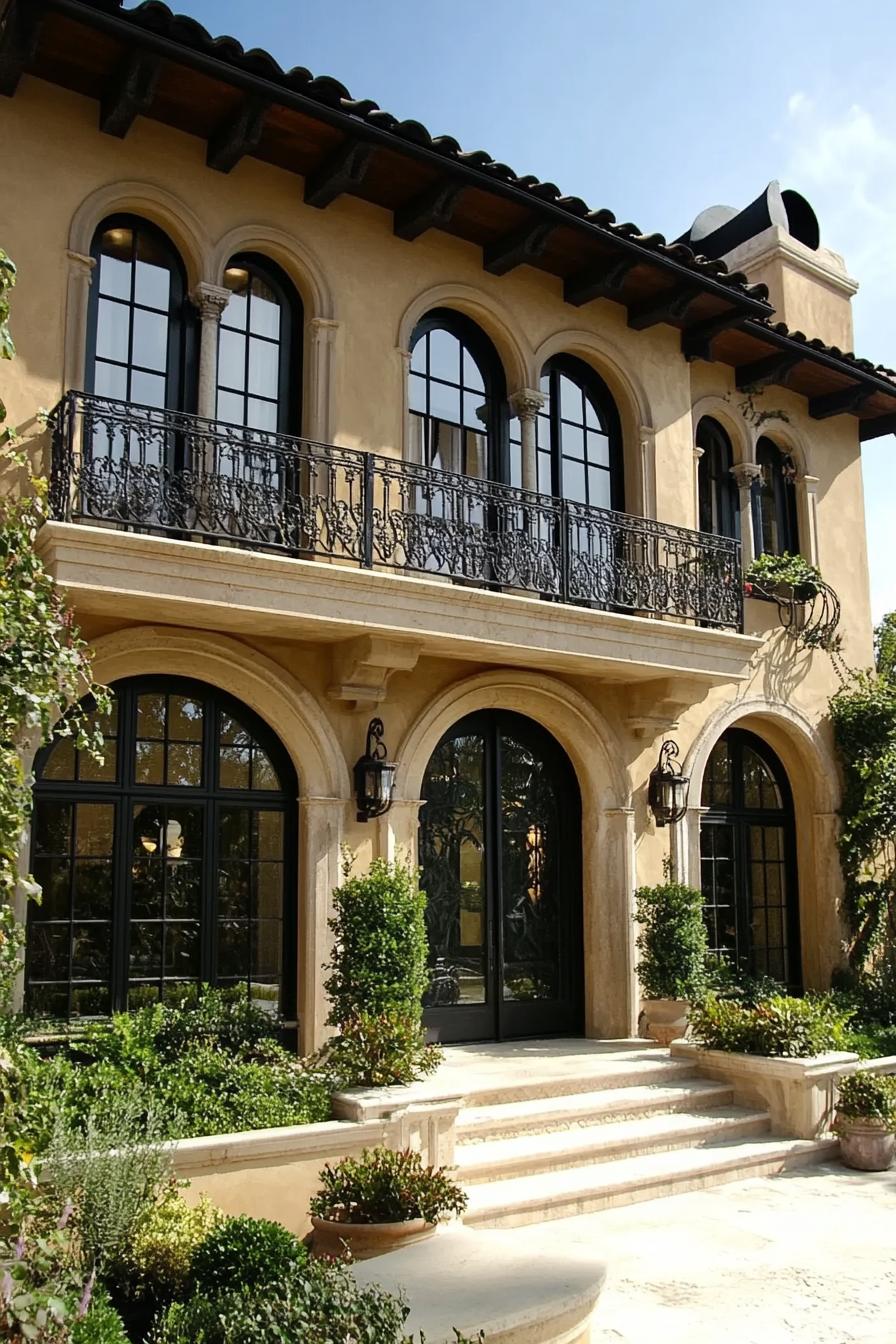 modern Tuscan house with arched windows and wrought iron balconies 2