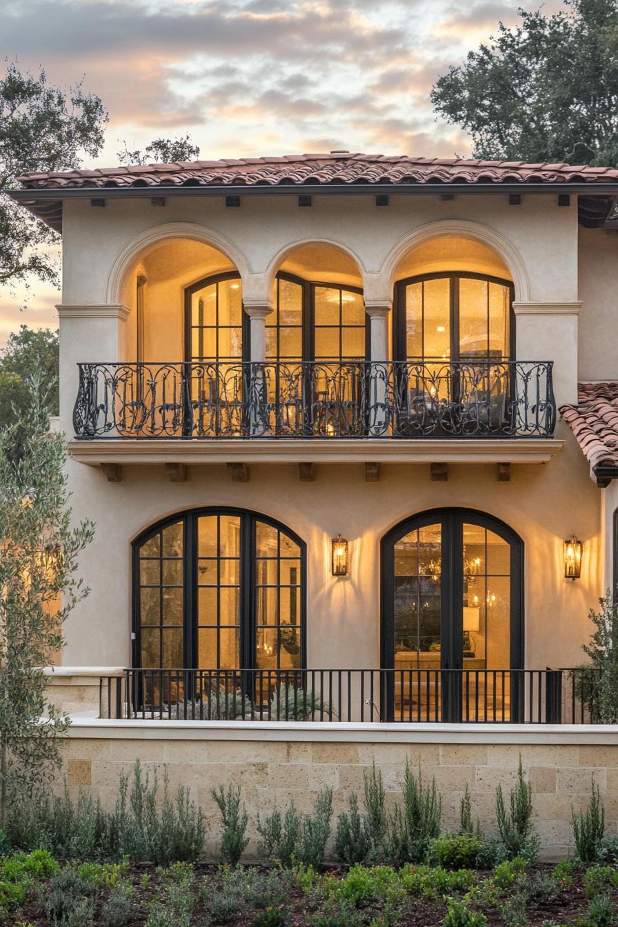 modern Tuscan house with arched windows and wrought iron balconies 3