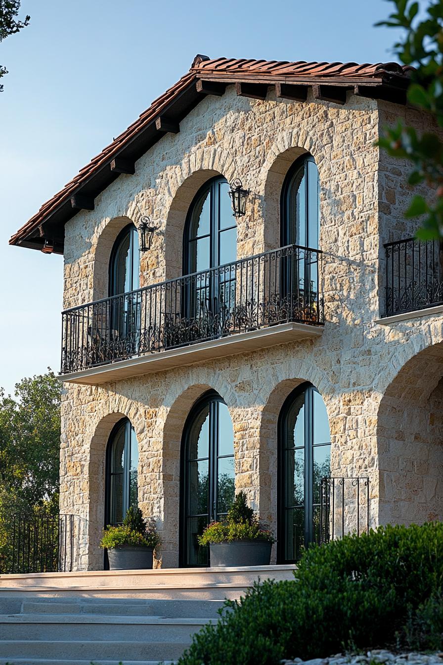 modern Tuscan house with arched windows and wrought iron balconies