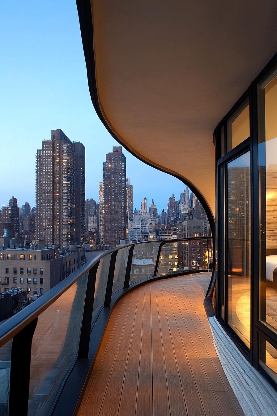 modern apartment curved balcony interior with stunning city skyline views