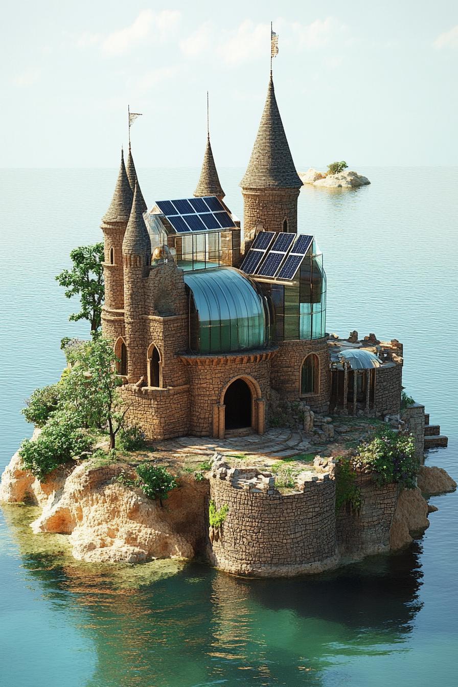 modern architecture castle with glass walls and solar panels on a small island 1