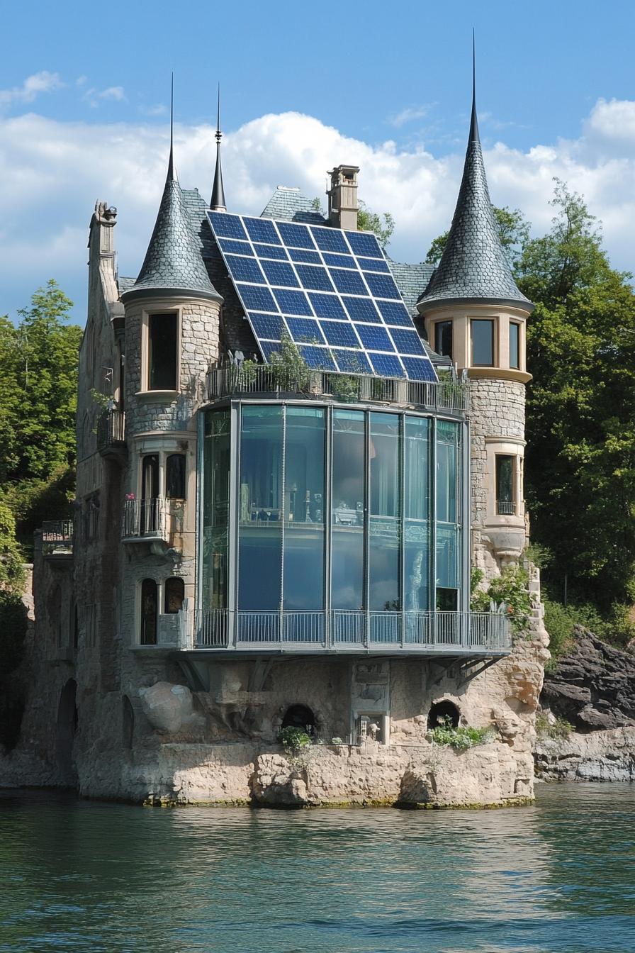 modern architecture castle with glass walls and solar panels on a small island 2