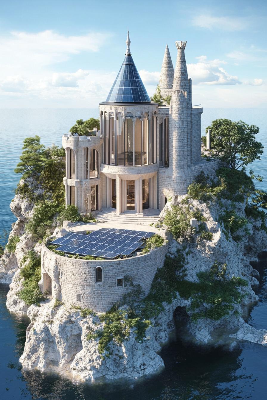 modern architecture castle with glass walls and solar panels on a small island