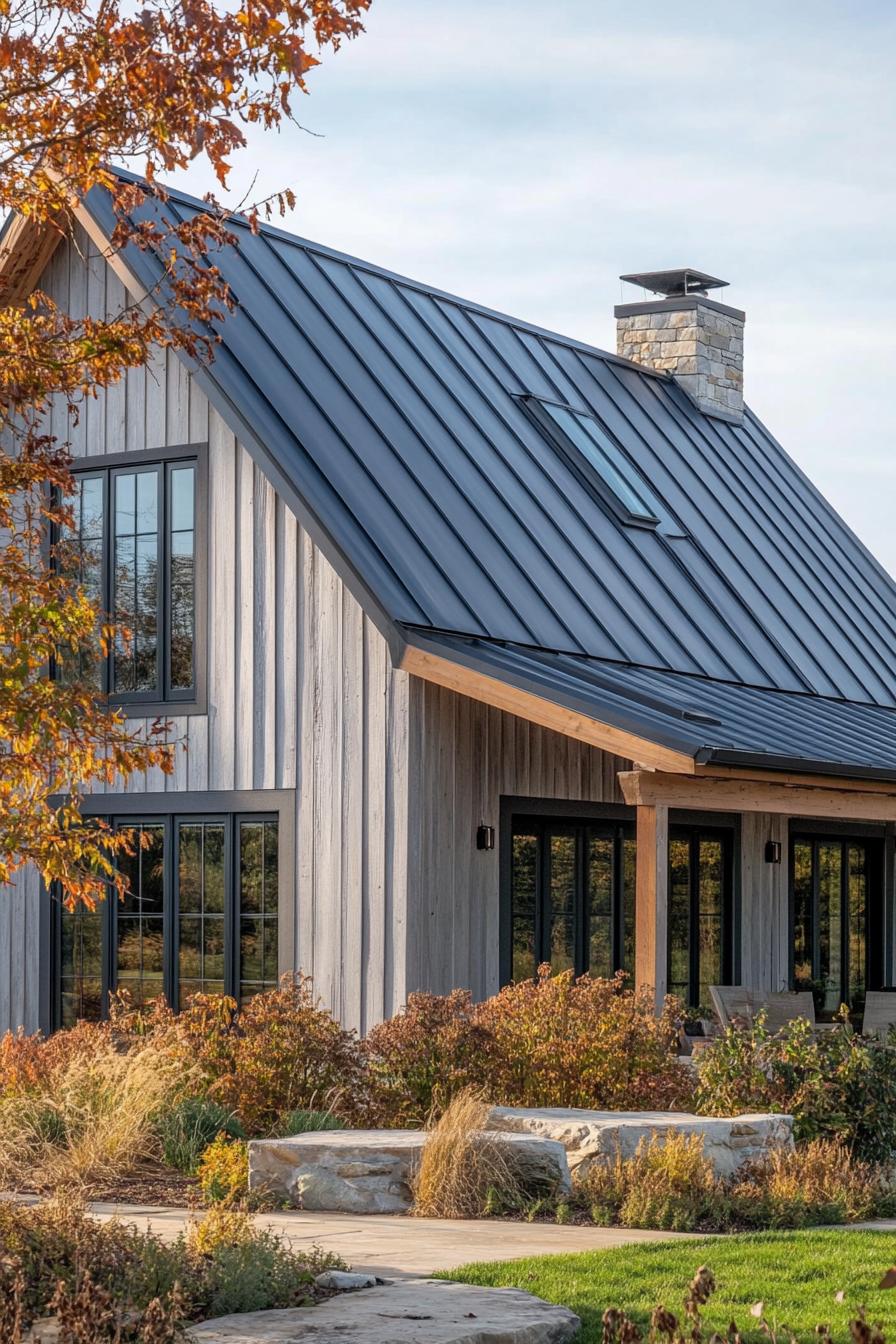 modern barn home conversion with zinc roof and wood roof trim