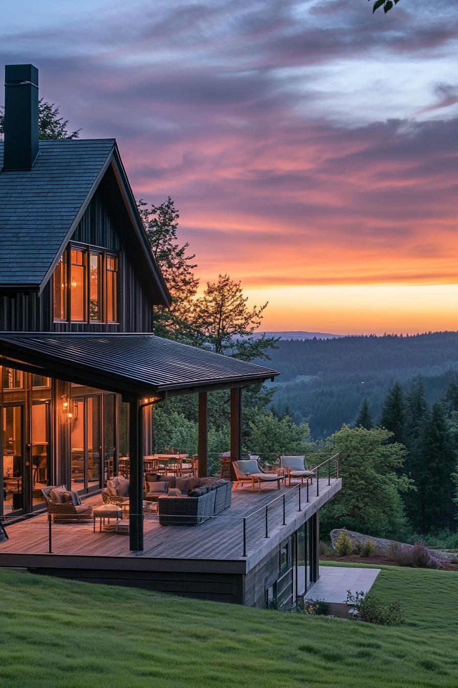 modern barn style house with wraparound porch with outdoor furniture on a hill surrounded by forrest with sunset view 1