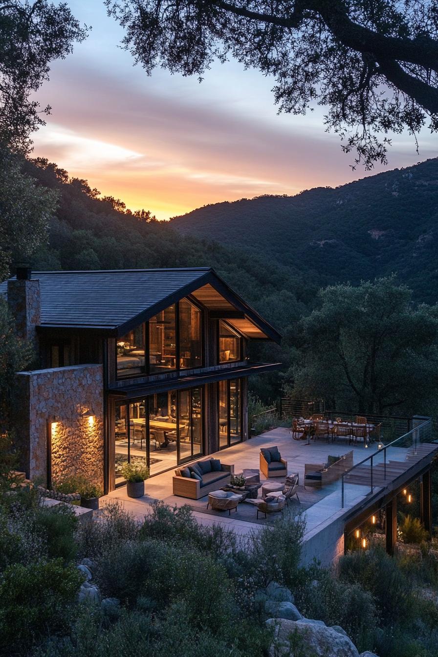 modern barn style house with wraparound porch with outdoor furniture on a hill surrounded by forrest with sunset view 2