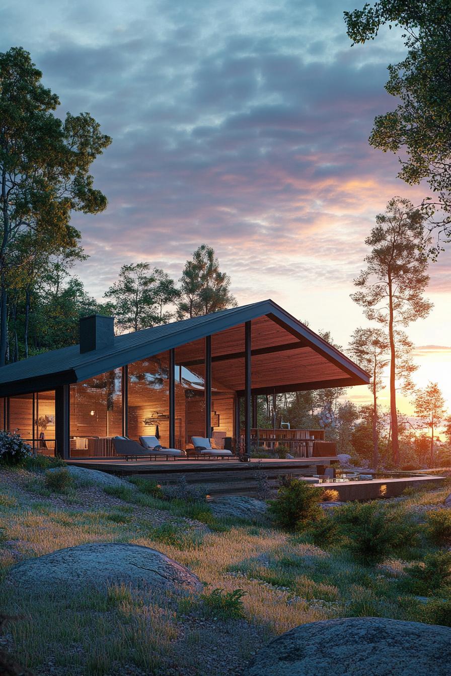 modern barn style house with wraparound porch with outdoor furniture on a hill surrounded by forrest with sunset view 3