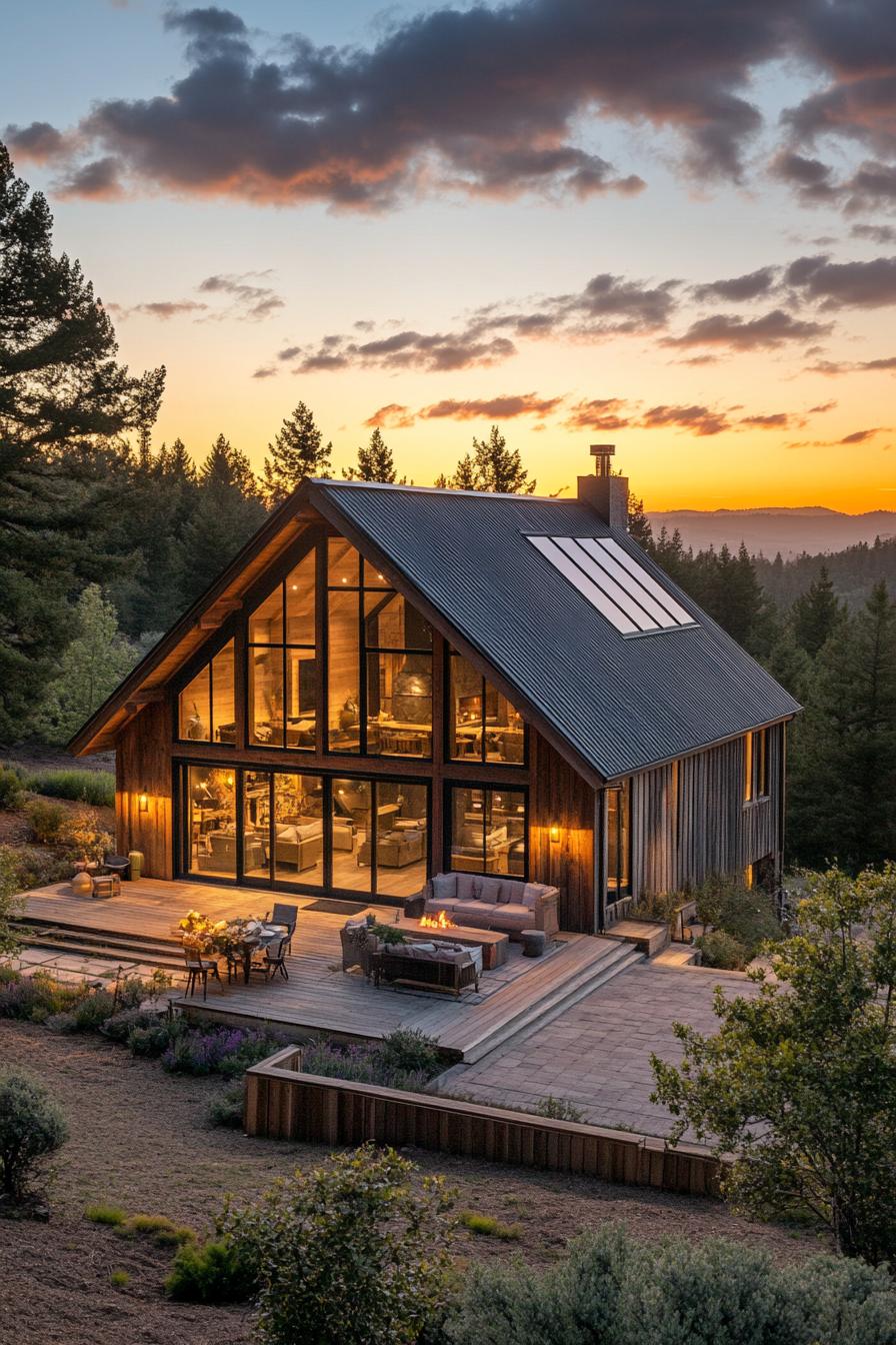 modern barn style house with wraparound porch with outdoor furniture on a hill surrounded by forrest with sunset view