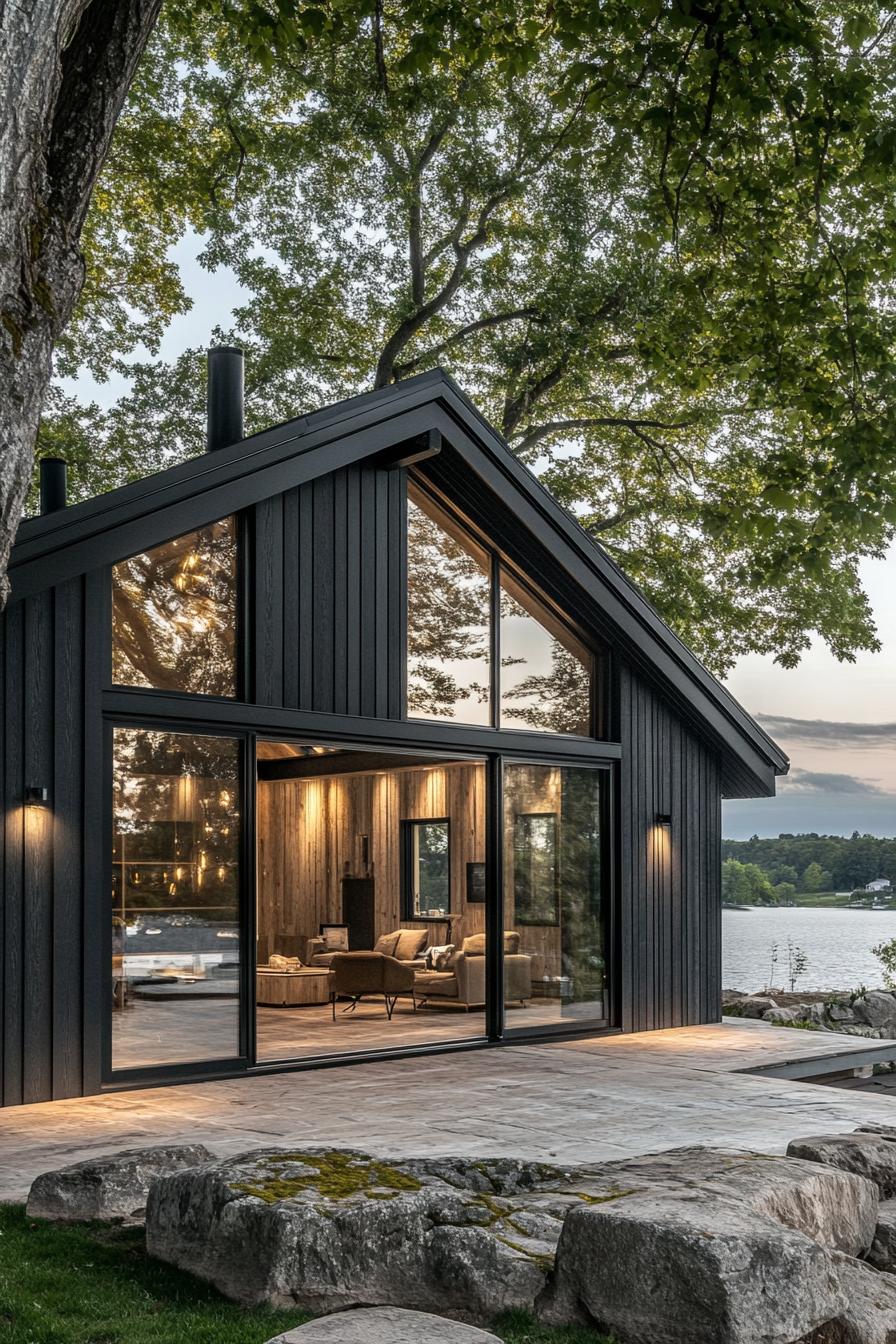 modern barndominium house facade with black timber cladding and large glass doors stunning lakeside views 1