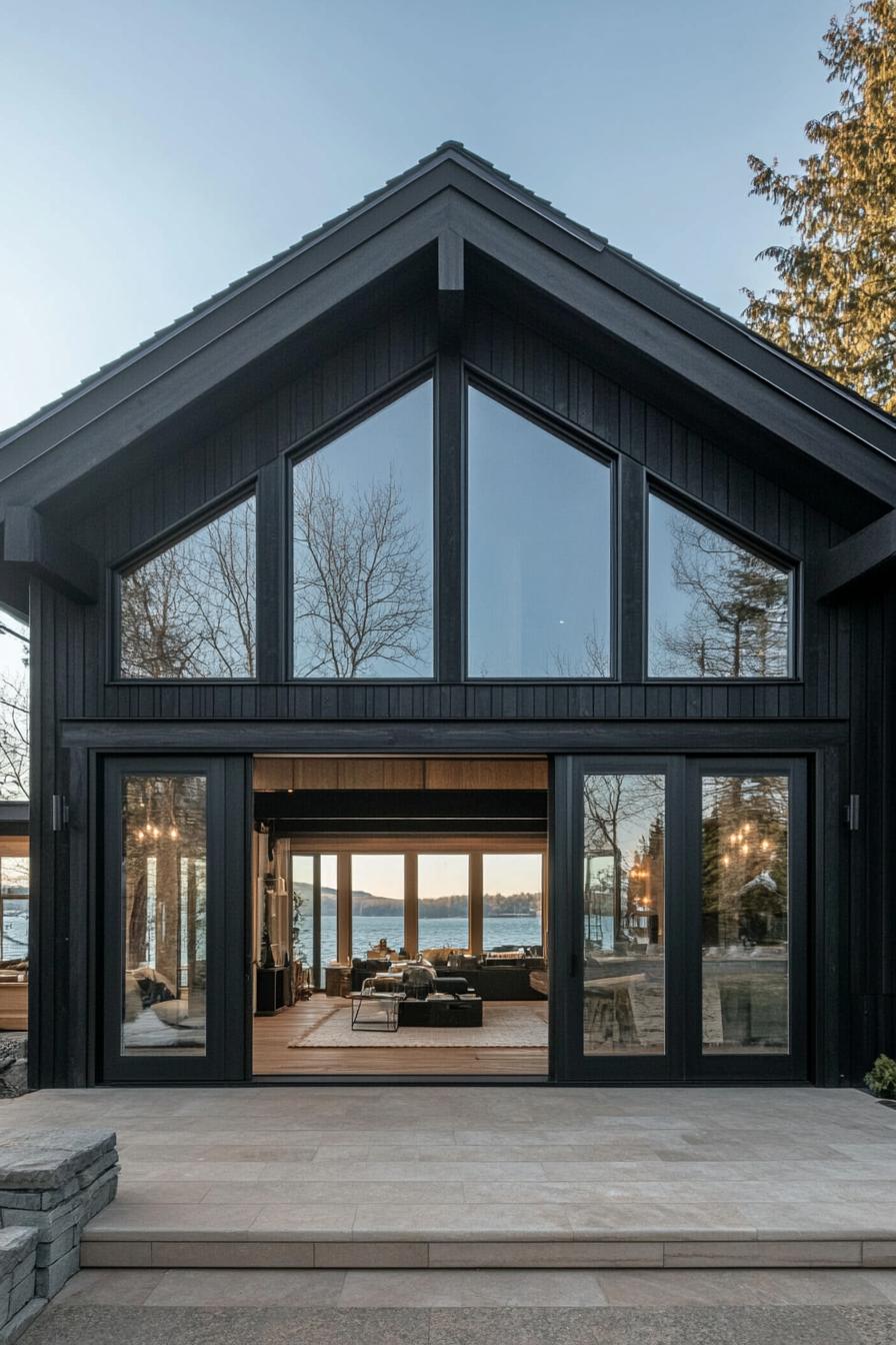 modern barndominium house facade with black timber cladding and large glass doors stunning lakeside views 2