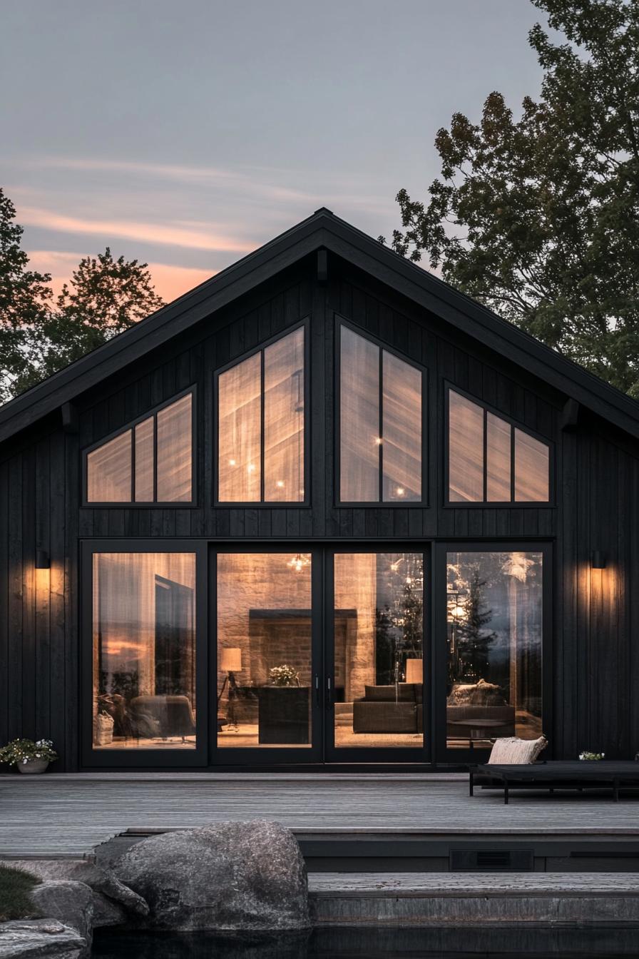 modern barndominium house facade with black timber cladding and large glass doors stunning lakeside views 3