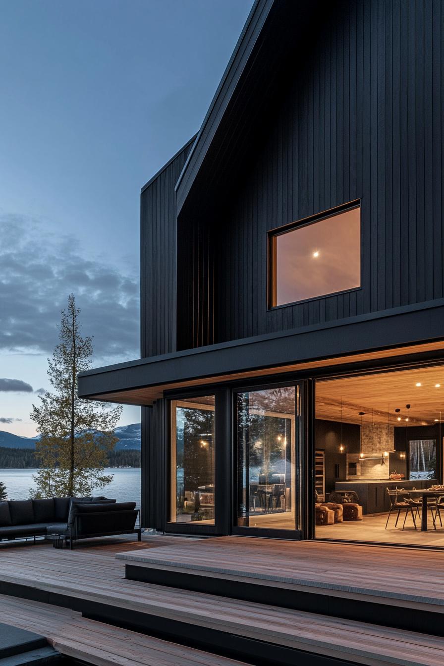 modern barndominium house facade with black timber cladding and large glass doors stunning lakeside views