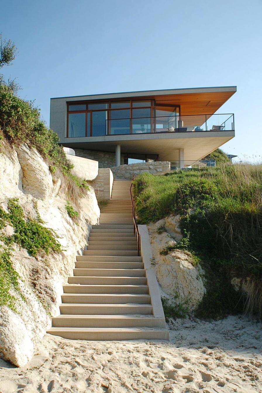 modern cliff beach house with stairs to sandy beach