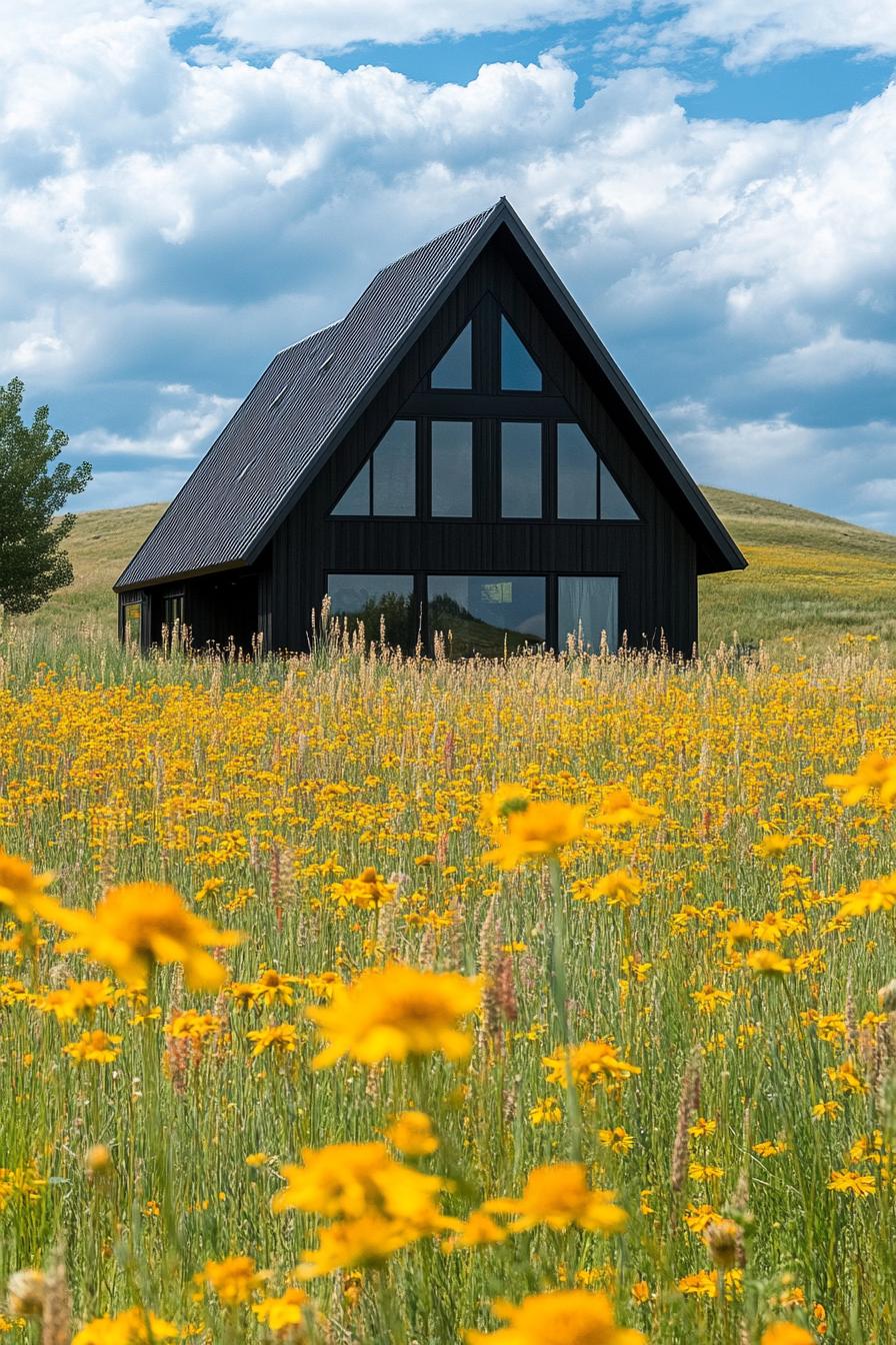 modern dark a frame house facade in yellow wildflower fields 1