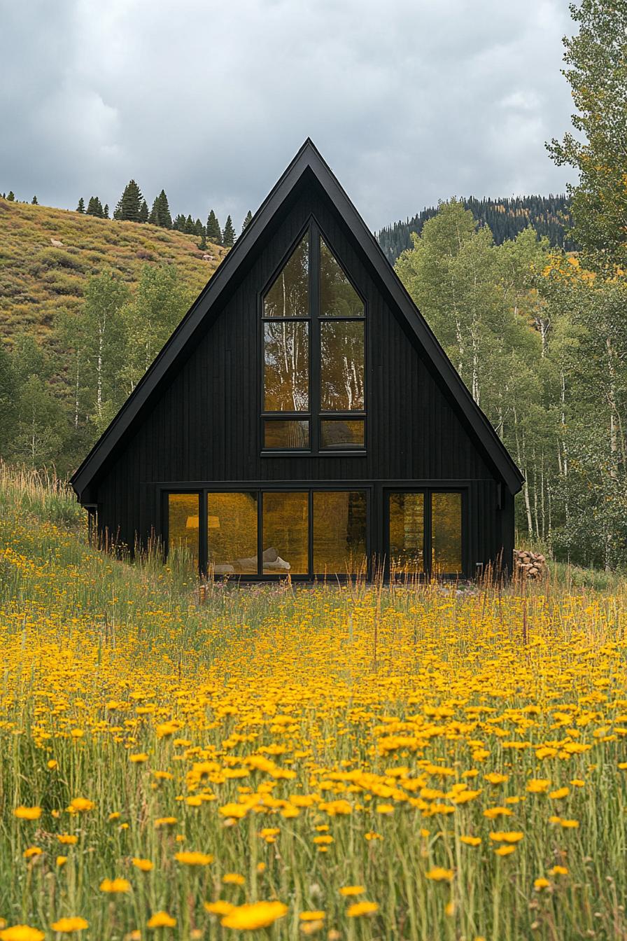 modern dark a frame house facade in yellow wildflower fields 2