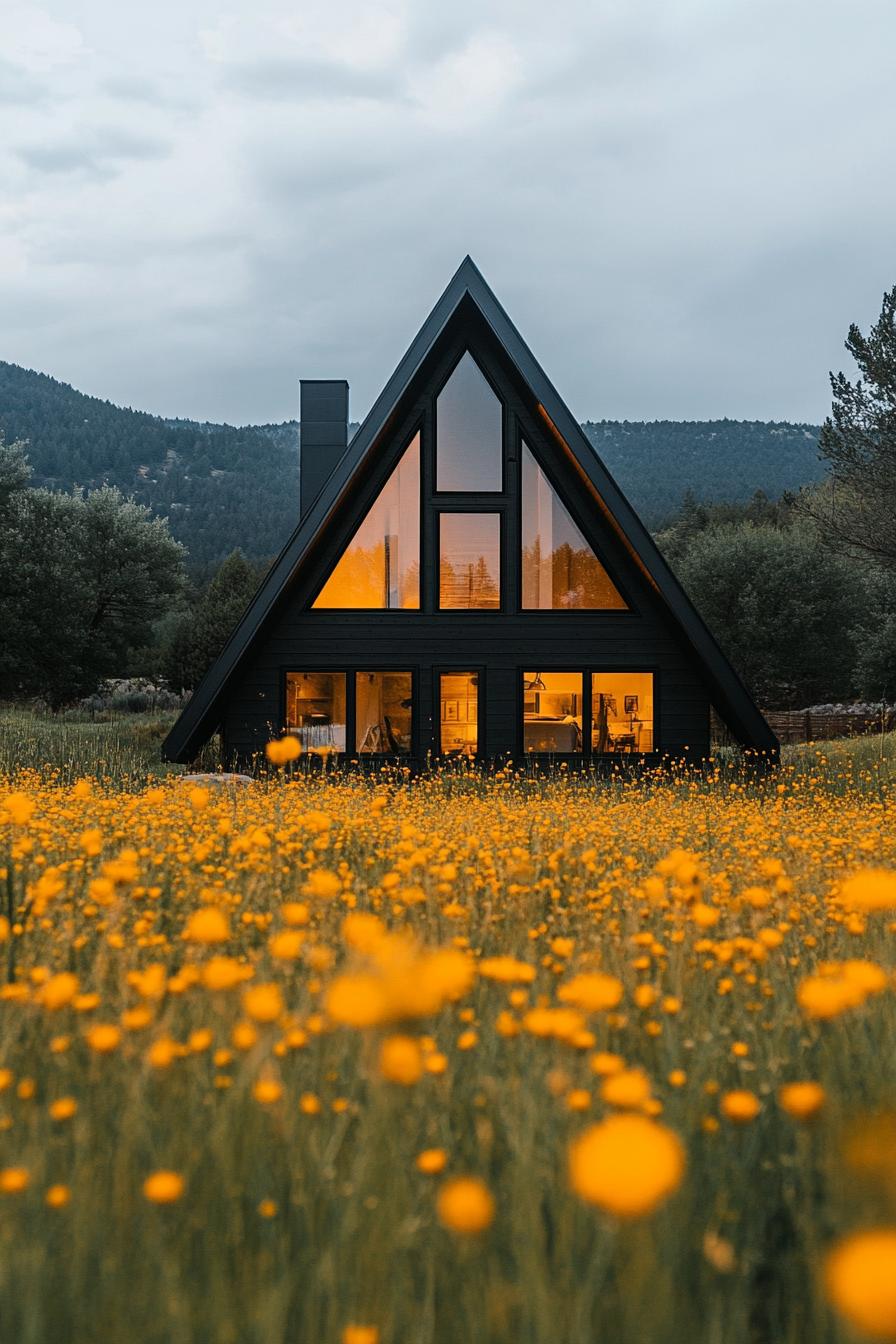 modern dark a frame house facade in yellow wildflower fields 3