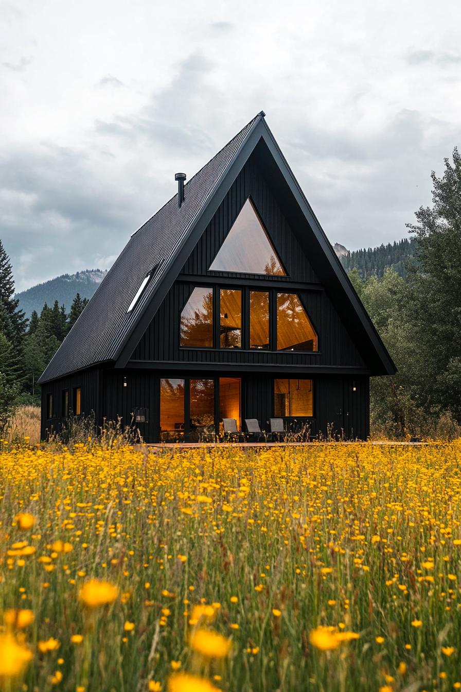 modern dark a frame house facade in yellow wildflower fields