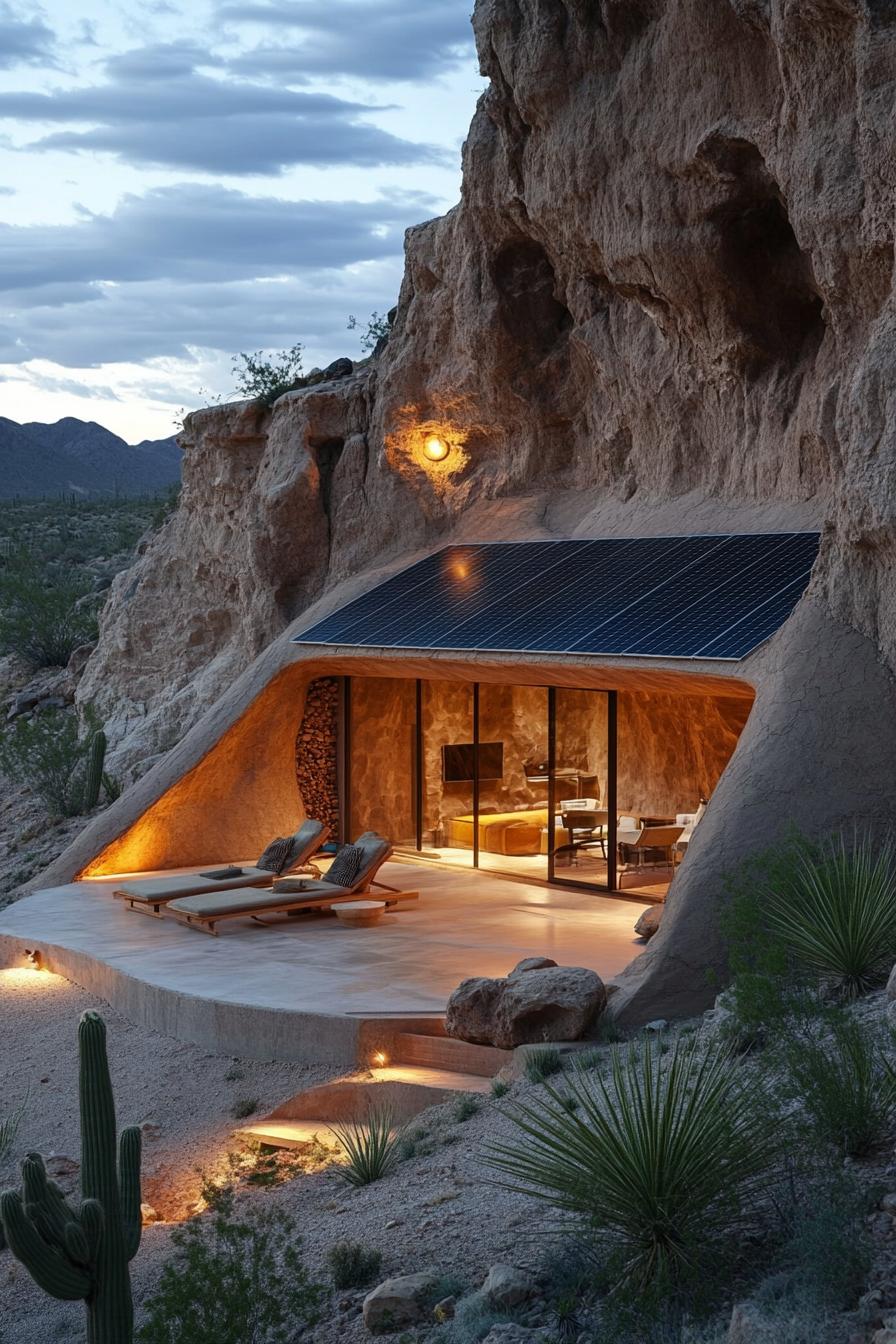 modern earth sheltered house with solar panel facade in stunning desert mountain caves 1