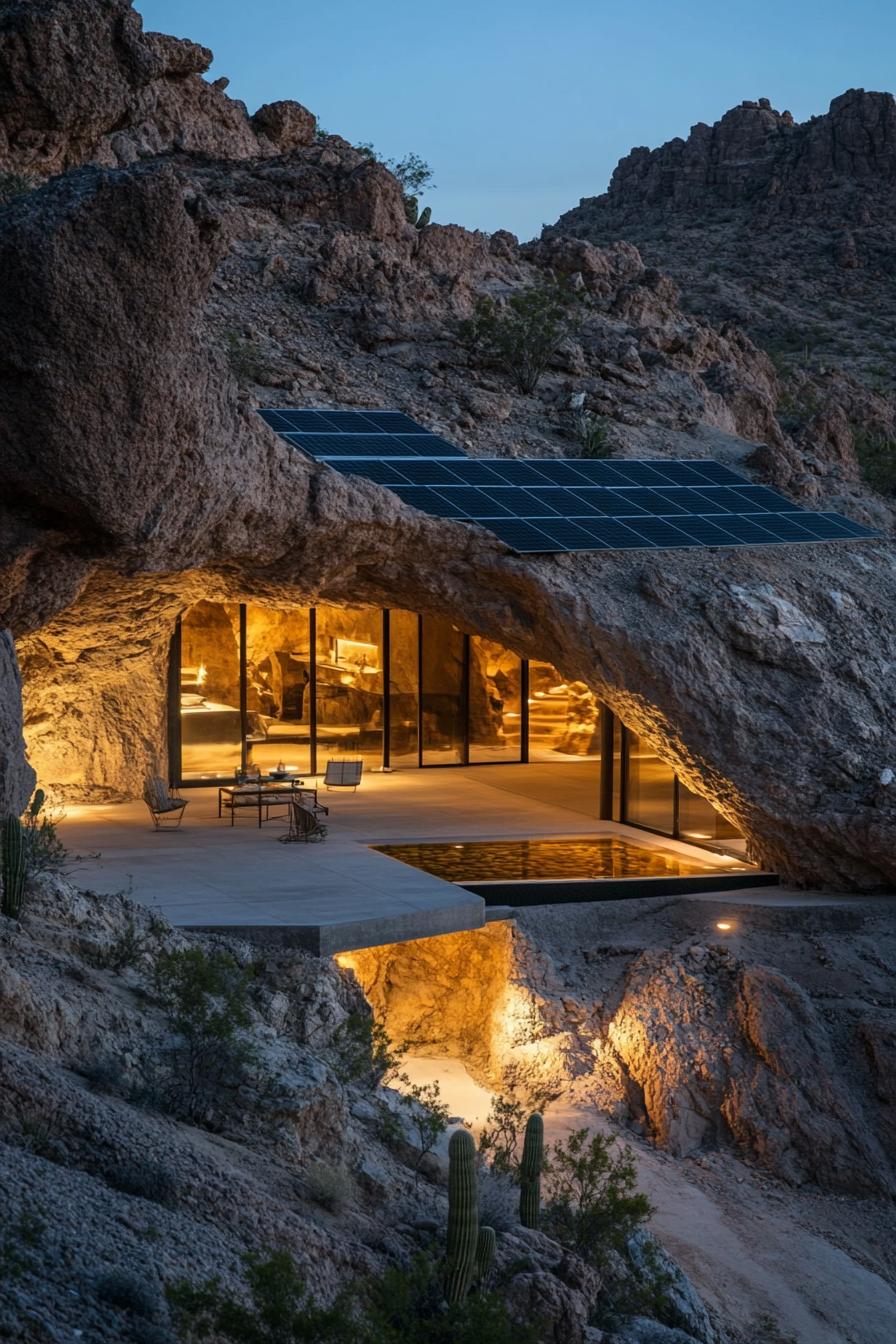 modern earth sheltered house with solar panel facade in stunning desert mountain caves 2