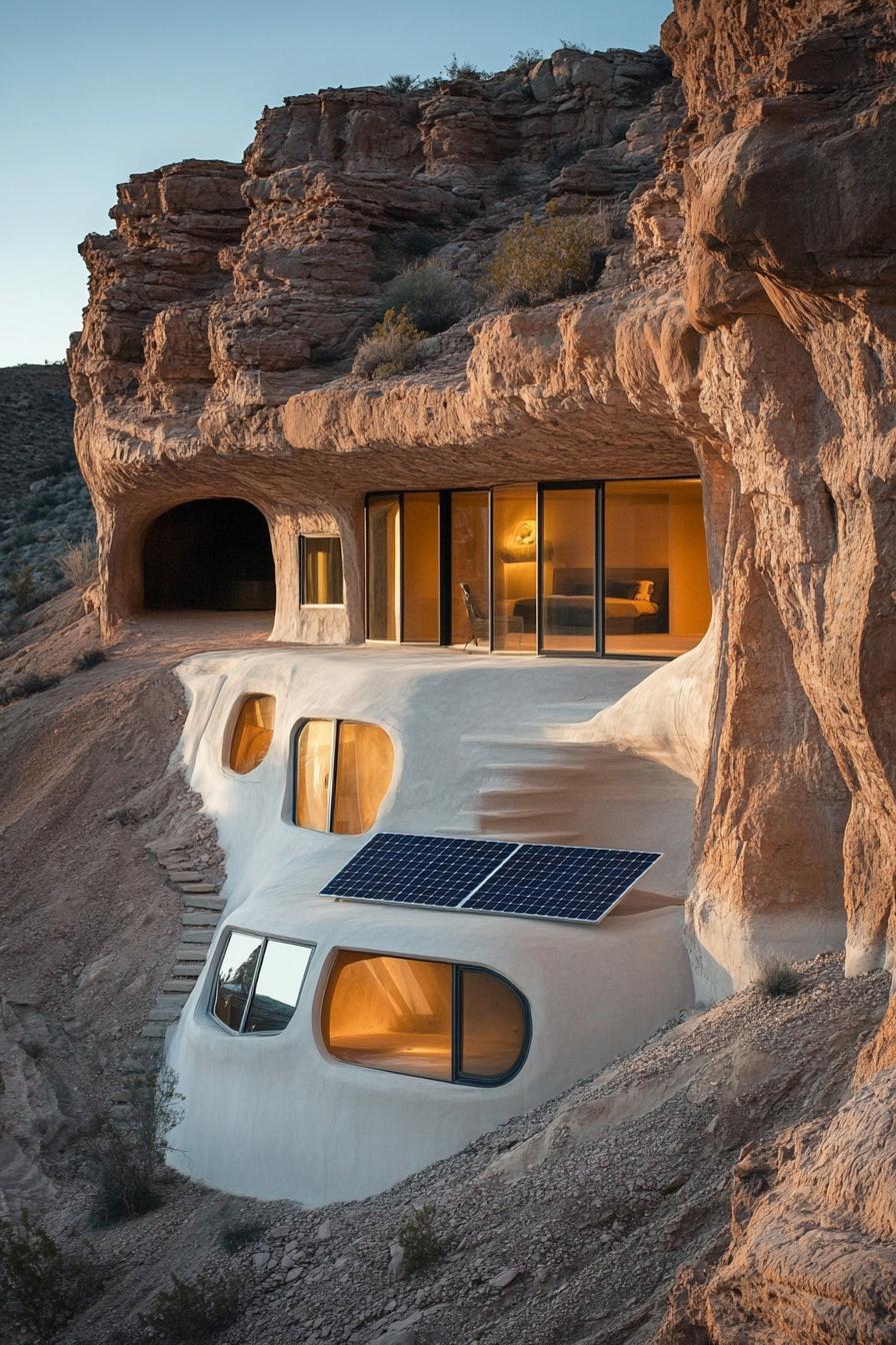 modern earth sheltered house with solar panel facade in stunning desert mountain caves 3