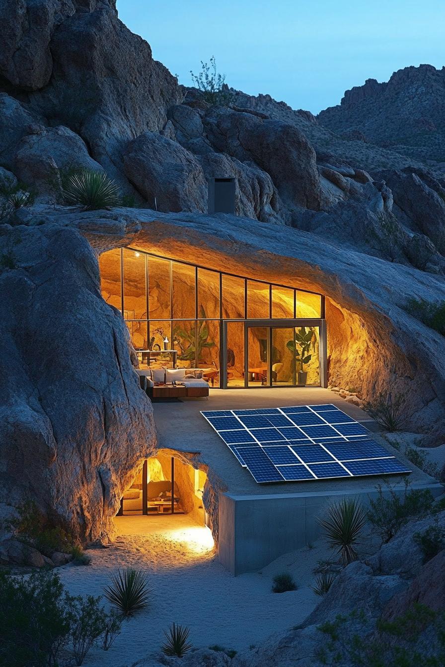 modern earth sheltered house with solar panel facade in stunning desert mountain caves