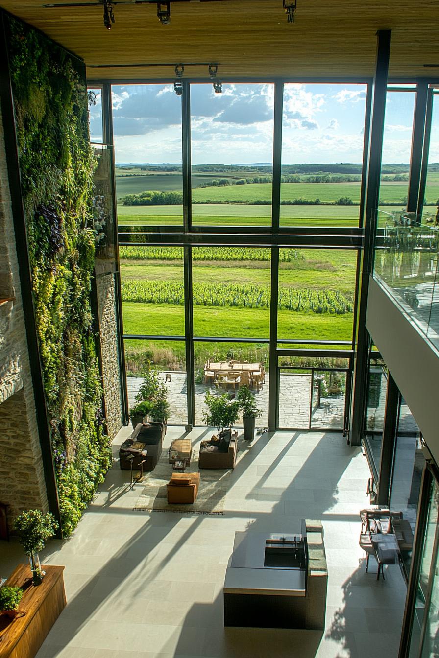 modern farmhouse interior atrium with vertical garden large glass windows overlooking green fields 1